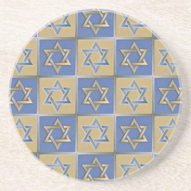 Judaica Star Of David Metal Gold Blue Sandstone Coaster (Front)