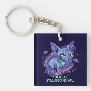 Judging Alien Sphynx Cat Sci-Fi Humor Art Keychain