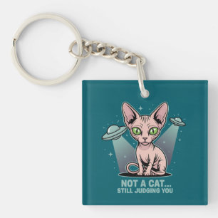 Judging Sphynx Cat UFO Alien Humor Art Keychain