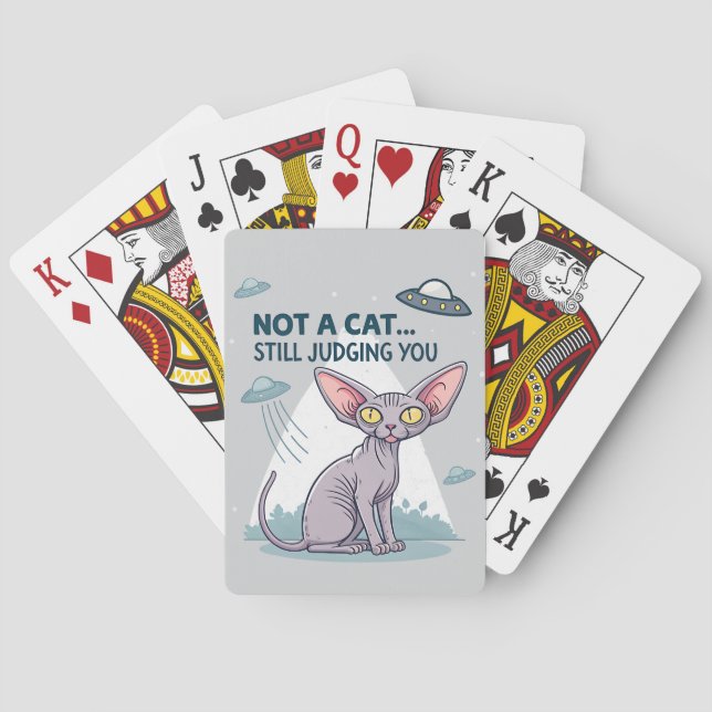 Judging Sphynx Cat UFO Sarcastic Cartoon Art Poker Cards (Back)