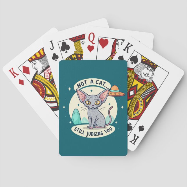 Judging Sphynx Cat UFO Sarcastic Cartoon Art Poker Cards (Back)
