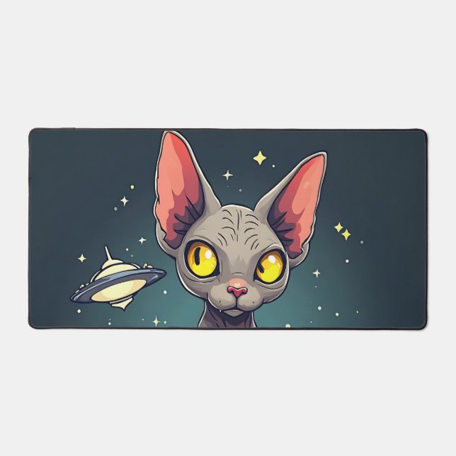 Judging Sphynx Cat UFO Space Cartoon Art Desk Mat (Front)