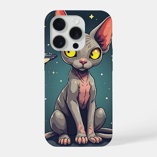 Judging Sphynx Cat UFO Space Cartoon Art iPhone Case (Back)