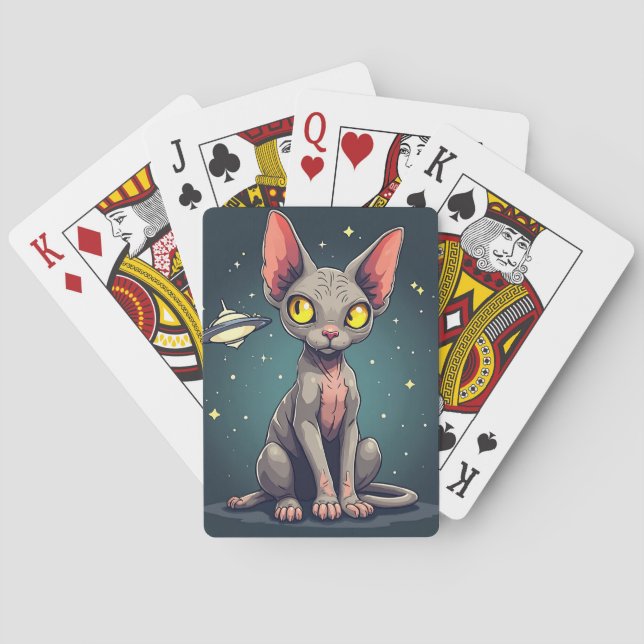 Judging Sphynx Cat UFO Space Cartoon Art Poker Cards (Back)