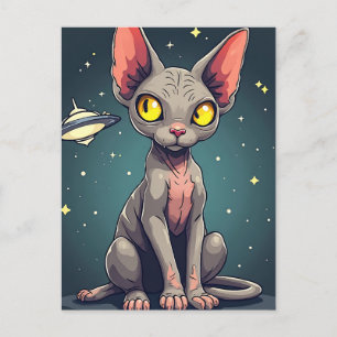 Judging Sphynx Cat UFO Space Cartoon Art Postcard