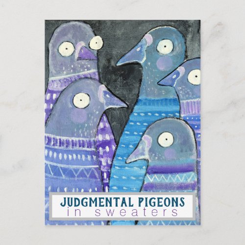 Judgmental Pigeons in Sweaters Whimsical Bird Art Postcard