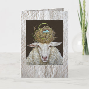 Judith the sheep card on quilted background