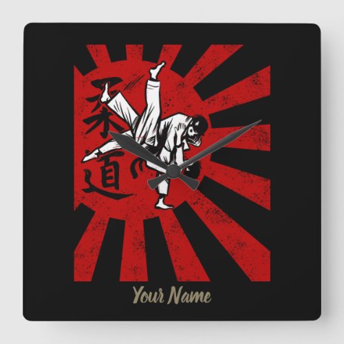 Judo Martial Arts with vintage japanese Rising Sun Square Wall Clock