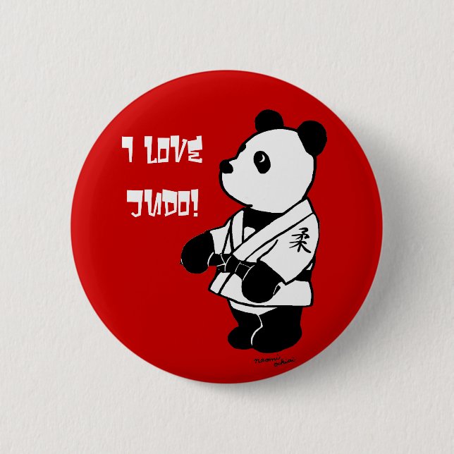 Judo Panda Cartoon with a Black Belt Pinback Button (Front)