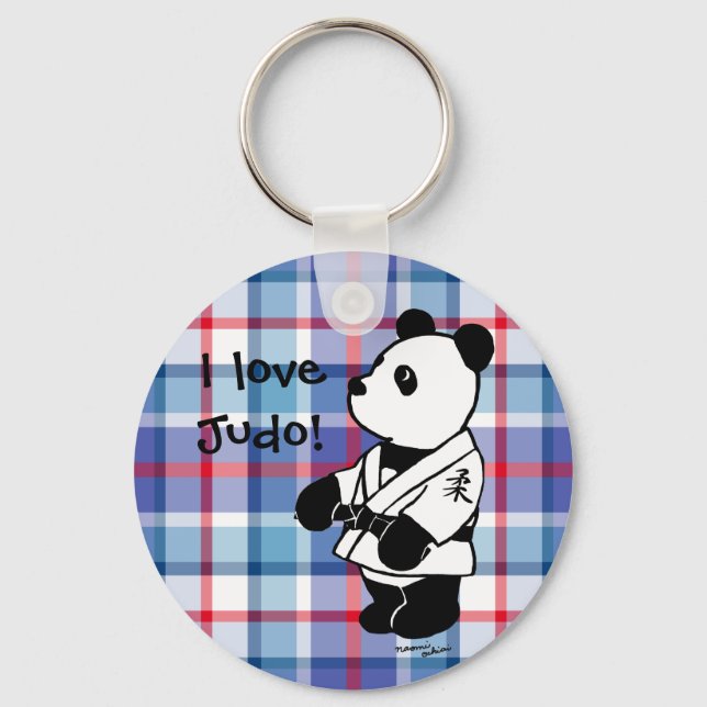 Judo Panda Cartoon with a Black Belt Plaid Keychain (Front)