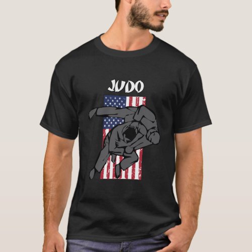 Judo Sparring Design With Emblem And Usa Flag T_Shirt