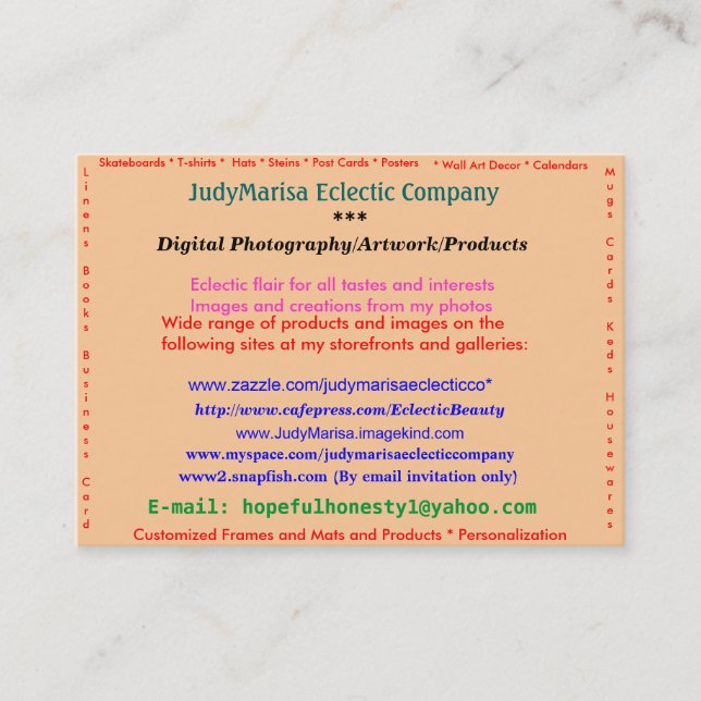 JudyMarisa Eclectic Company, Digital Photograph... Business Card (Front)