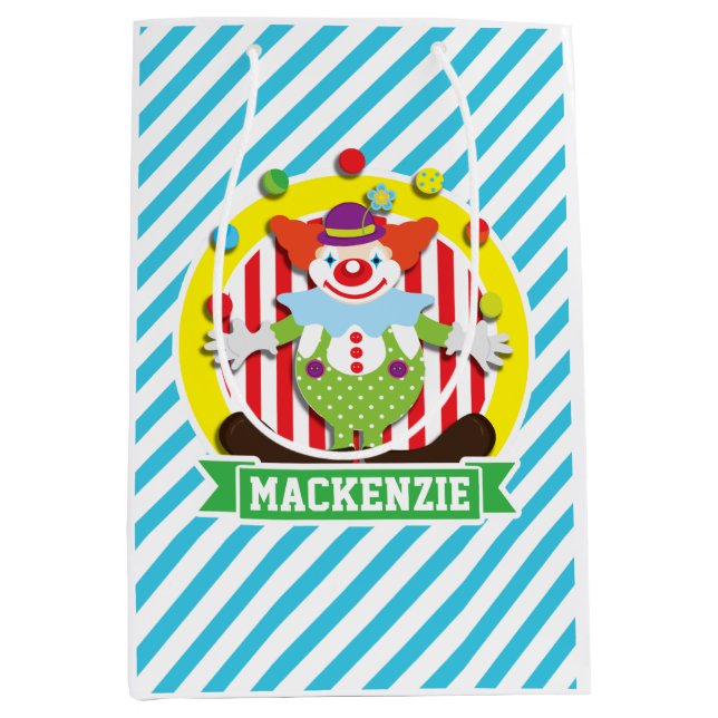 Juggling Big Top Circus Clown; Blue Stripes Medium Gift Bag (Front)
