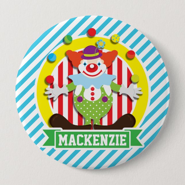 Juggling Big Top Circus Clown; Blue Stripes Pinback Button (Front)