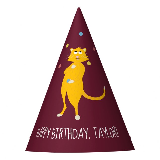 Juggling Cartoon Cat Personalized Jugglers Party Hat (Front)