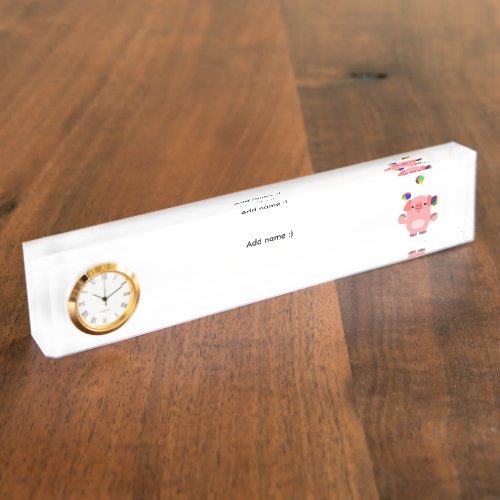 Juggling Cartoon Pig Desk Nameplate with Clock