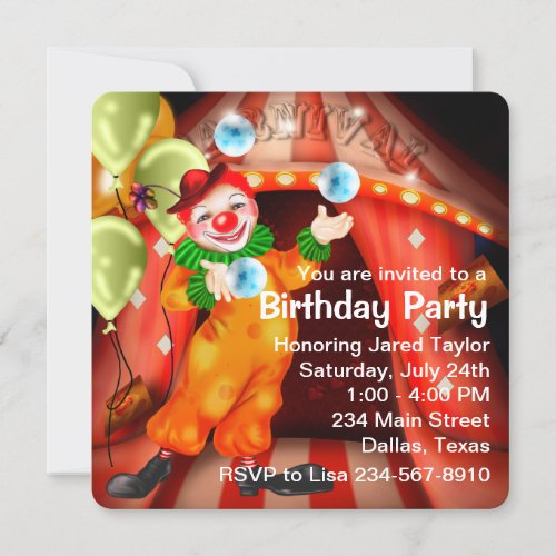 Juggling Circus Clown Birthday Party Invitation