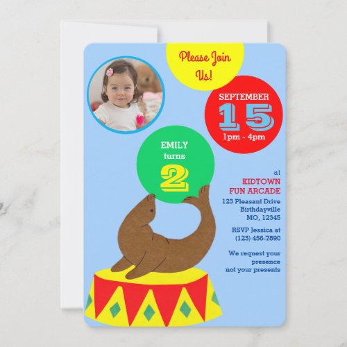 Juggling Circus Seal Kids Photo Birthday Invitation