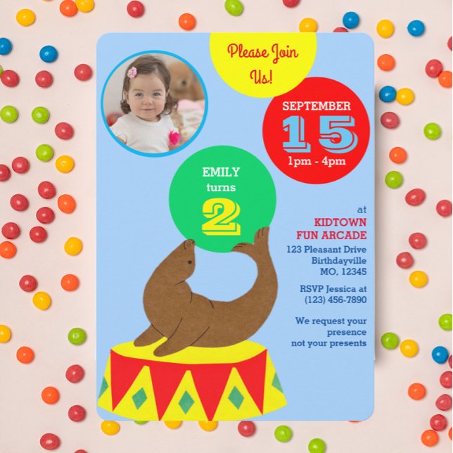 Juggling Circus Seal Kids Photo Birthday Invitation (Creator Uploaded)
