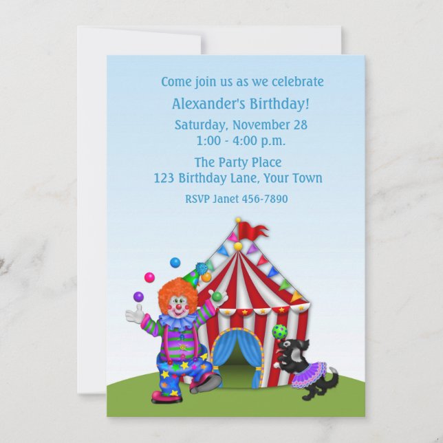 Juggling Clown, Circus Tent, Birthday Party Invitation (Front)