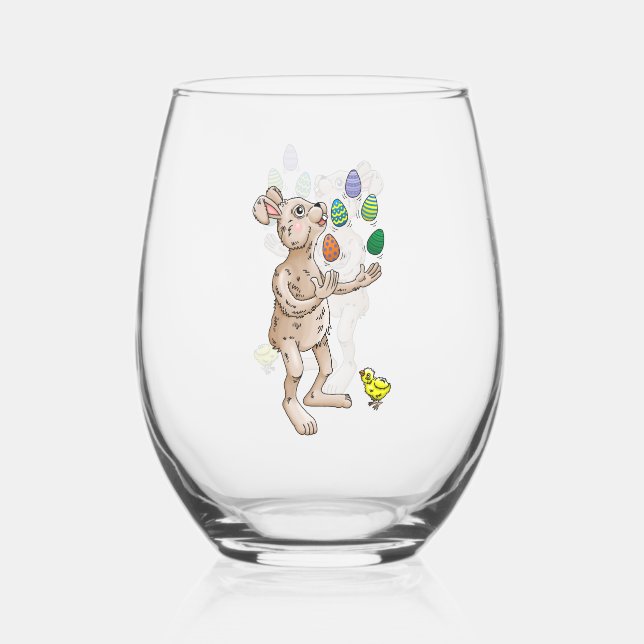 Juggling Easter Bunny Stemless Wine Glass (Front)