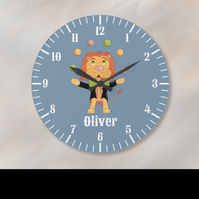 Juggling Lion Kid Blue Wall Clock (Cute clock personalized with a kid's name featuring a circus lion juggling some balls )