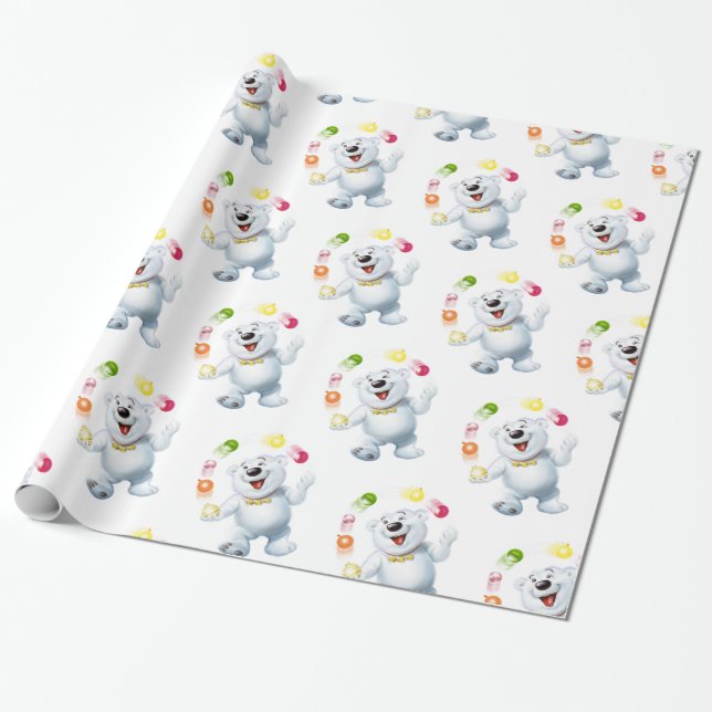 Juggling Polar Bear. White Glossy gift Wrapping Paper (Unrolled)