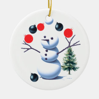 Juggling Snowman Christmas Baubles Ceramic Ornament