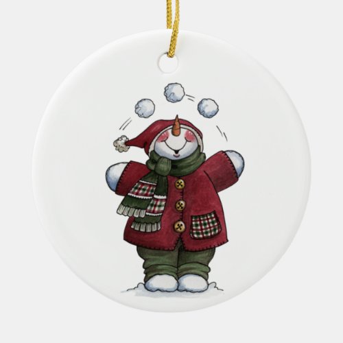 Juggling Snowman Christmas Ceramic Ornament