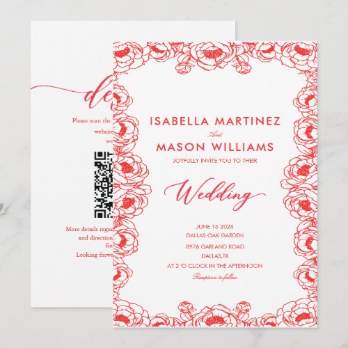 juice red French flowers chinoiserie wedding Invitation