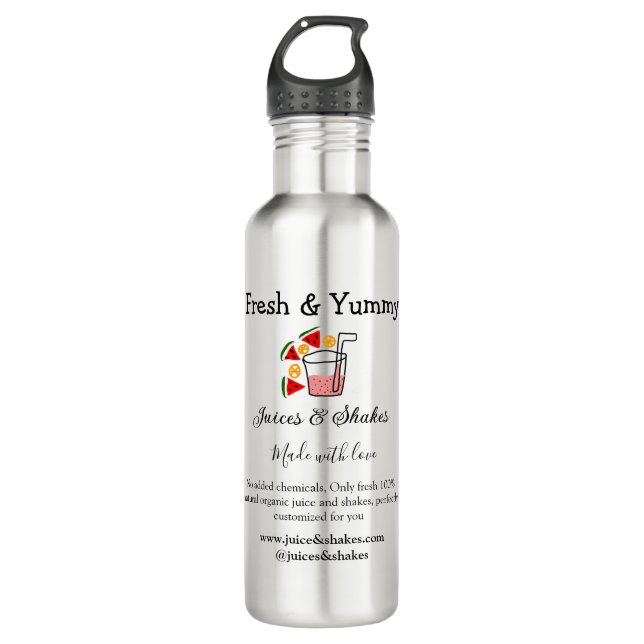 Juices & shakes restaurant business website social stainless steel water bottle (Front)