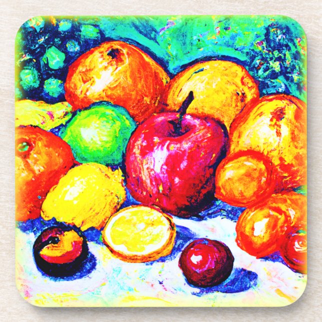 Juicy Delights Fruits. Buy Now Beverage Coaster (Front)