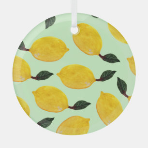 Juicy Lemon Blueberries: Watercolor Seamless Patte Glass Ornament