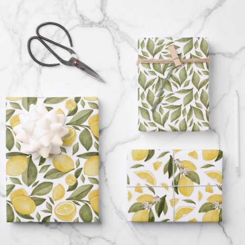 JUICY LEMON FRUIT LEAVES AND BLOSSOMS WATERCOLOR WRAPPING PAPER SHEETS