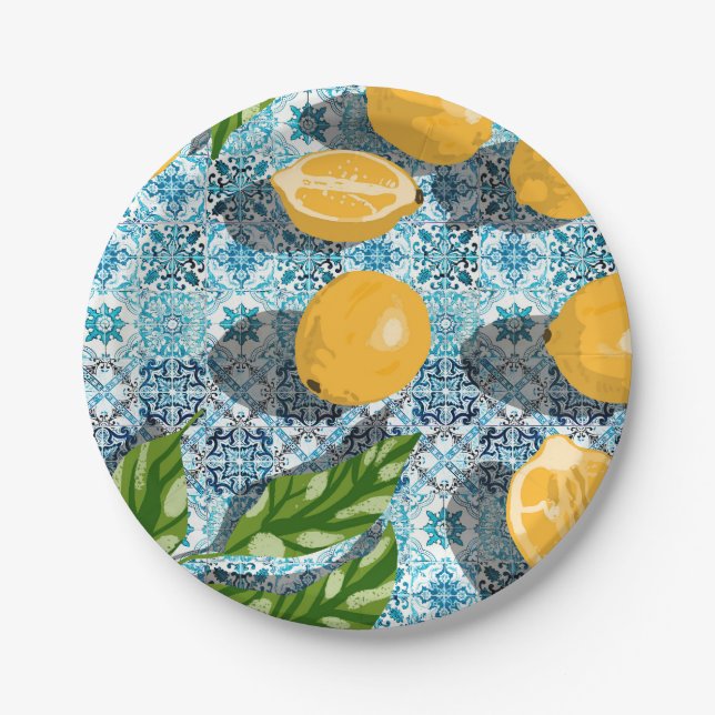 Juicy Lemons on Blue Moroccan Paper Plates (Front)