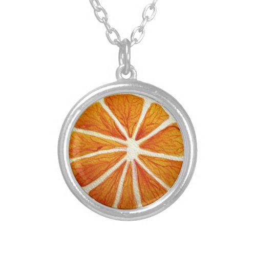 Juicy Orange watercolor fruit pop art Silver Plated Necklace