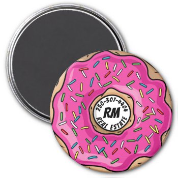 Juicy Pink Sprinkled Donut Custom Text   Initials Magnet by HappyPlanetShop at Zazzle