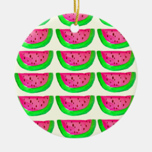 Juicy pink watermelon fruit pattern on lemon ceramic ornament