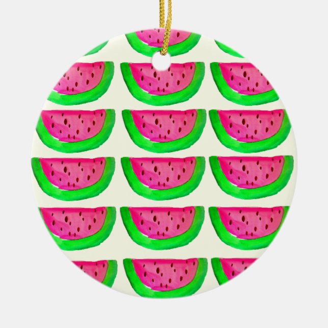 Juicy pink  watermelon fruit pattern on lemon ceramic ornament (Front)