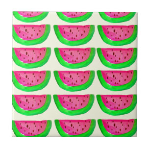 Juicy pink watermelon fruit pattern on lemon ceramic tile