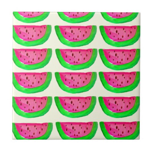 Juicy pink  watermelon fruit pattern on lemon ceramic tile