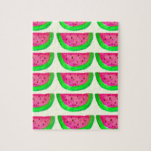 Juicy pink watermelon fruit pattern on lemon jigsaw puzzle