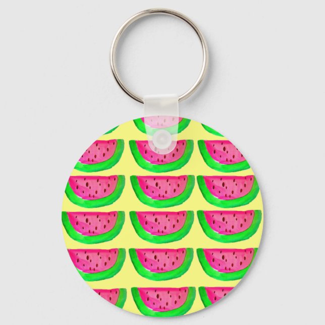 Juicy pink  watermelon fruit pattern on lemon keychain (Front)