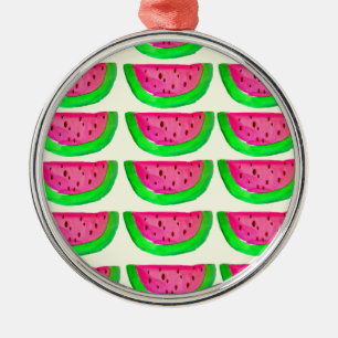 Juicy pink watermelon fruit pattern on lemon metal ornament