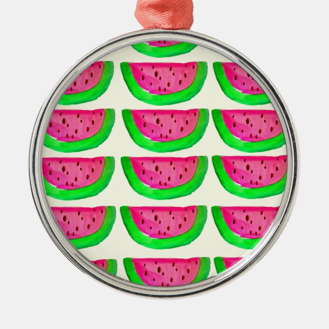 Juicy pink  watermelon fruit pattern on lemon metal ornament (Front)