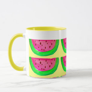 Juicy pink watermelon fruit pattern on lemon mug