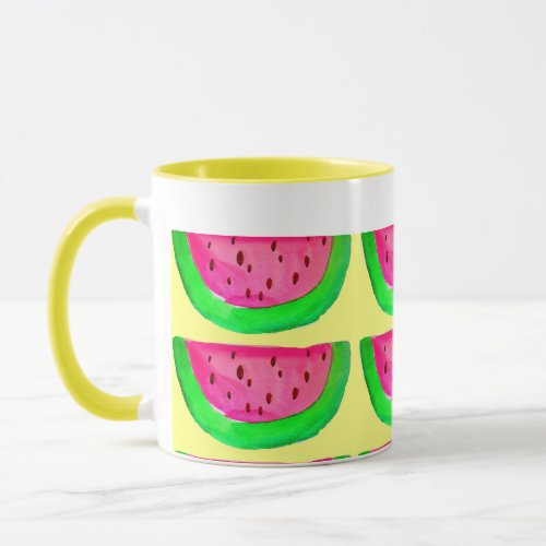 Juicy pink  watermelon fruit pattern on lemon mug