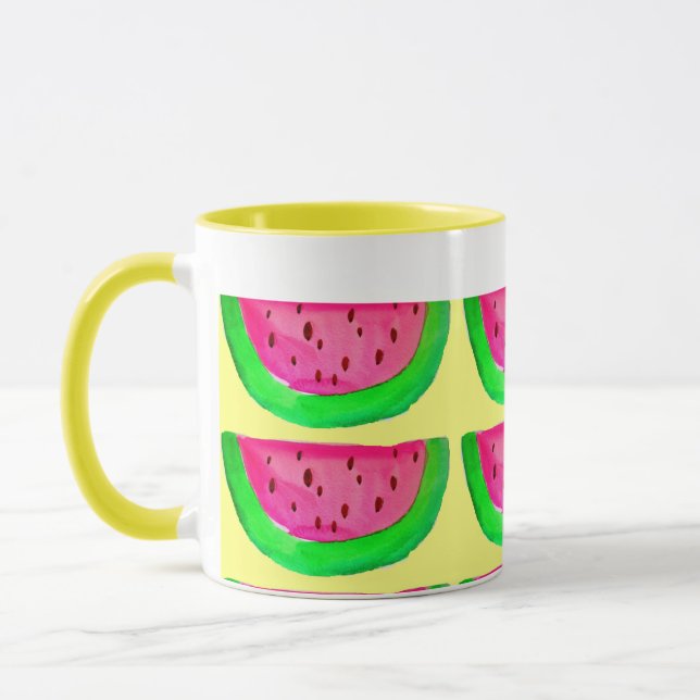 Juicy pink  watermelon fruit pattern on lemon mug (Left)