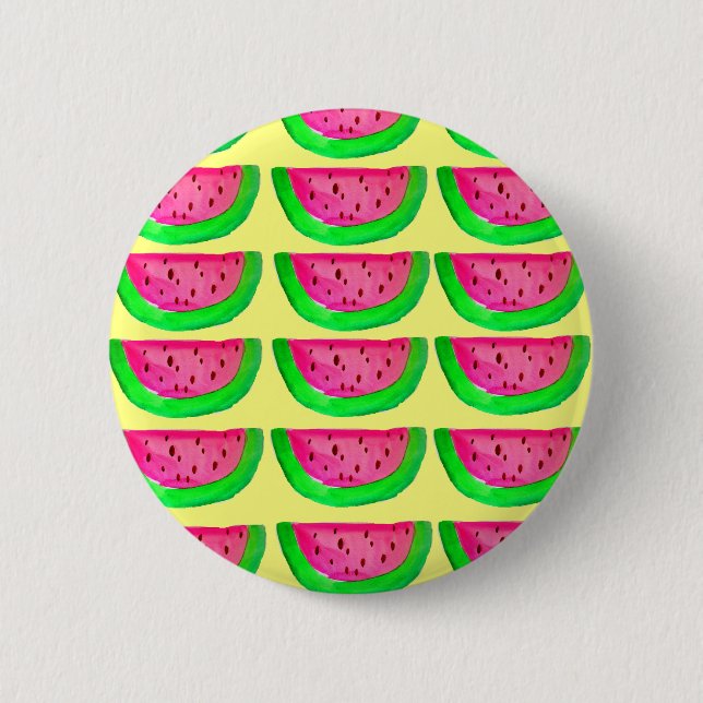 Juicy pink  watermelon fruit pattern on lemon pinback button (Front)