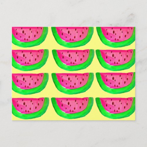 Juicy pink  watermelon fruit pattern on lemon postcard